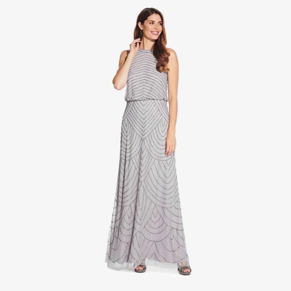 BHLDN Adrianna Papell Art Deco Beaded Blouson Dress with Halter Neckline